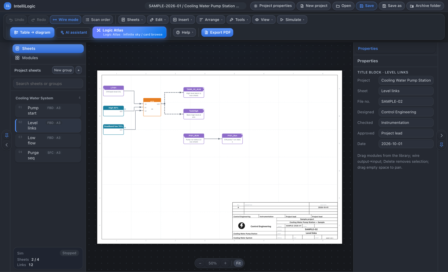 A complete A3 control sheet in IntelliLogic, zoomed to fit: the drawing frame, the function-block diagram and the title block in the lower right corner.