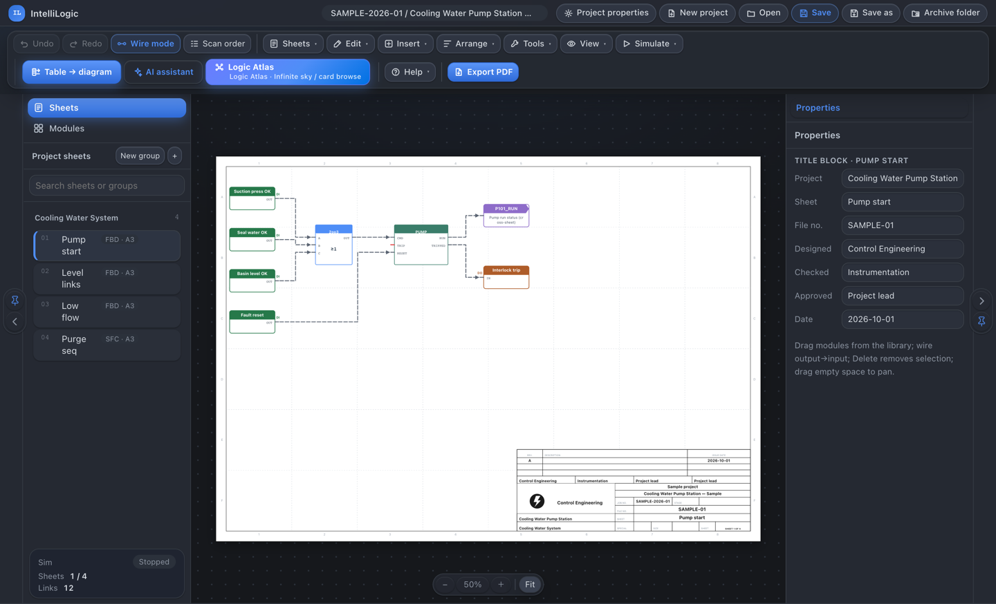 IntelliLogic's title block panel: labelled fields for project, sheet title, file number, designed, checked, approved and date, next to the drawing sheet.